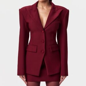 NAKED WARDROBE 90s Power Shoulder Blazer Mini Skirt Suit Cabernet Small